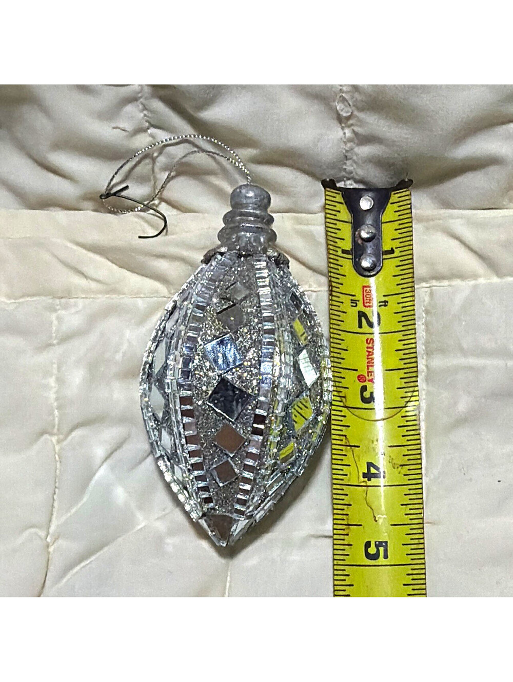 Silver Christmas Teardrop Hanging Bauble Ornament, Glitter Geometric, 5 in, 1